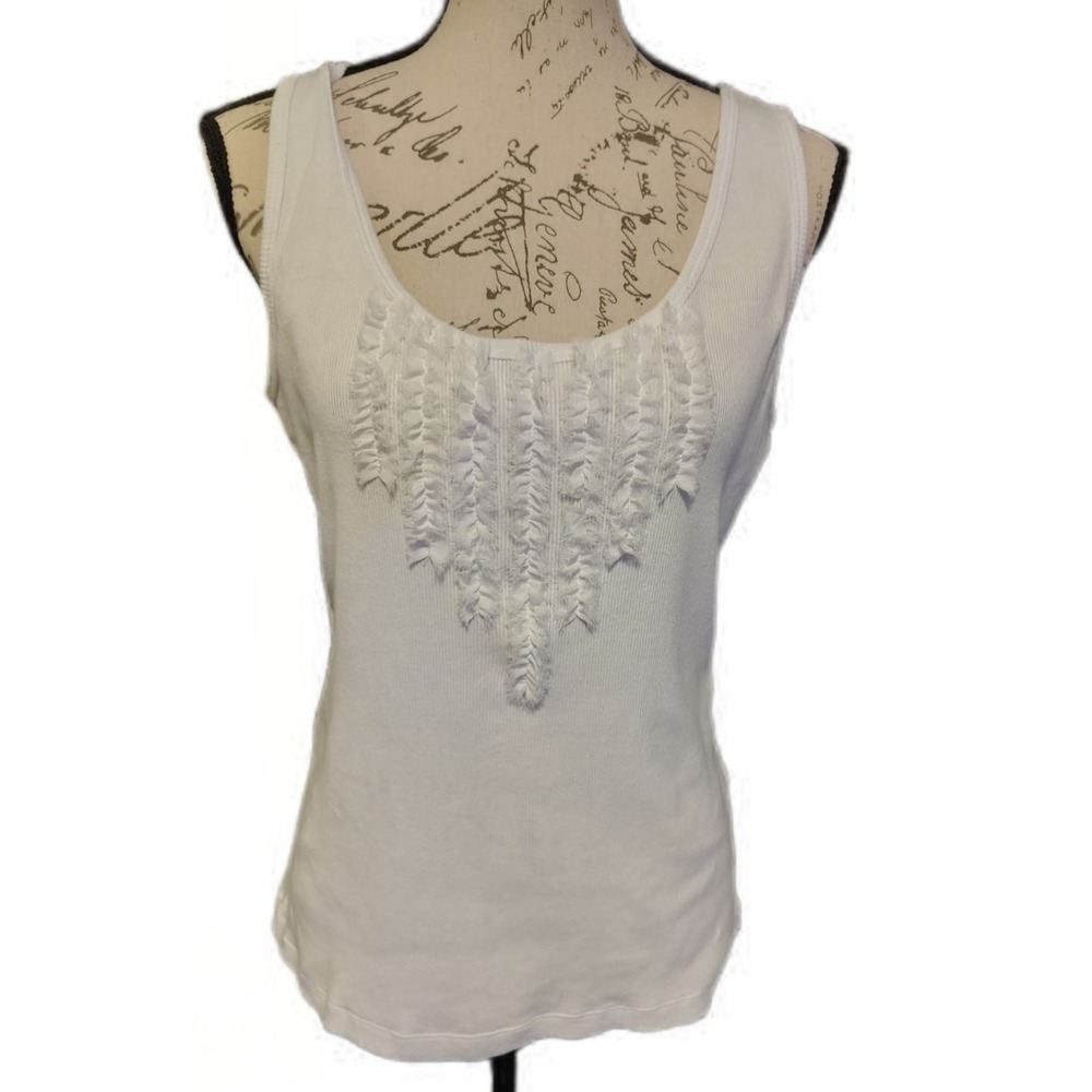 Calvin Klein Womens White Ribbed Knit Ruffle Front Tank Top Cami L Coquette